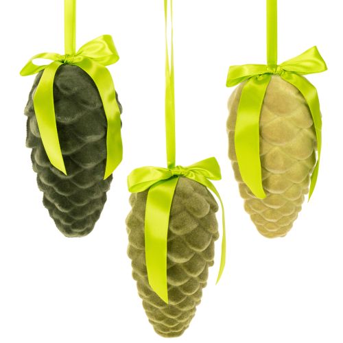 Piñas decorativas para colgar, piñas flocadas con cinta y lazo, 18 cm, 3 unidades comprar | Floristik24.es