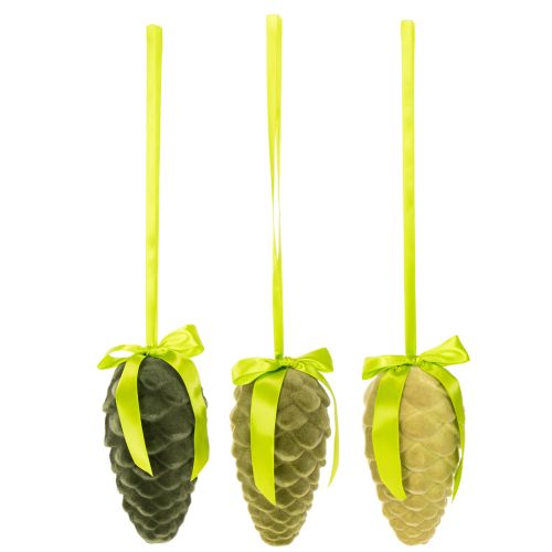 Piñas decorativas para colgar, piñas flocadas con cinta y lazo, 18 cm, 3 unidades | Floristik24.es