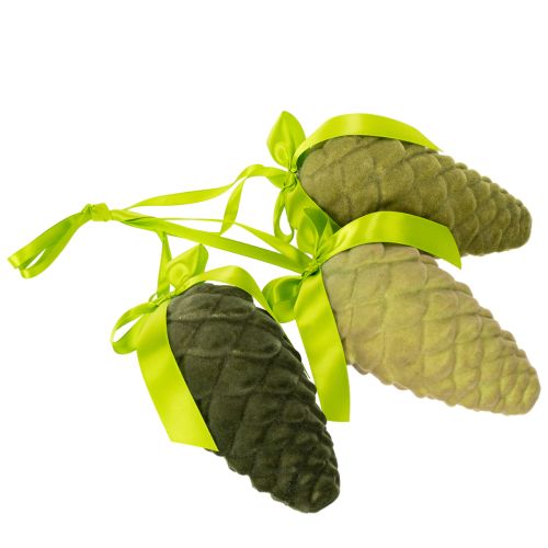 Piñas decorativas para colgar, piñas flocadas con cinta y lazo, 18 cm, 3 unidades | Floristik24.es