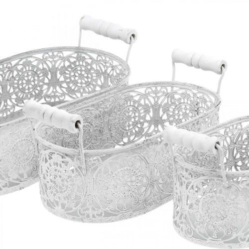 Artículo Cuencos para plantar, maceta decorativa con encaje, recipiente de metal con asas, ovalado blanco, plateado Shabby Chic L25.5 / 20 / 15cm H7cm juego de 3