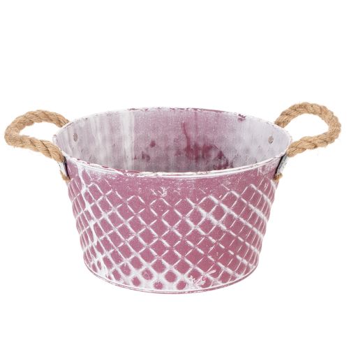 Bol de zinc con forma de diamante y asas de cuerda, acabado en violeta/blanco lavado, Ø24,5 cm, H14 cm comprar | Floristik24.es