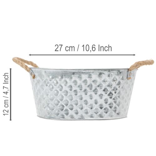 Bol ovalado de zinc con asas de cuerda, 27 cm x 17,5 cm, 12 cm de alto. | Floristik24.es