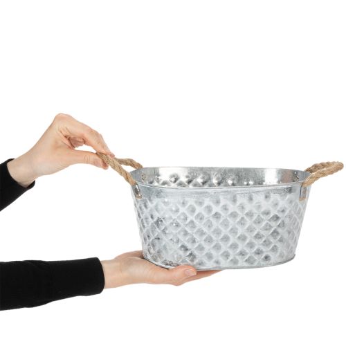 Bol ovalado de zinc con asas de cuerda, 27 cm x 17,5 cm, 12 cm de alto. | Floristik24.es