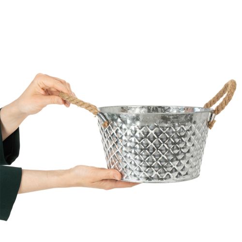 Bol redondo de zinc con asas de cuerda Ø25cm H14cm | Floristik24.es