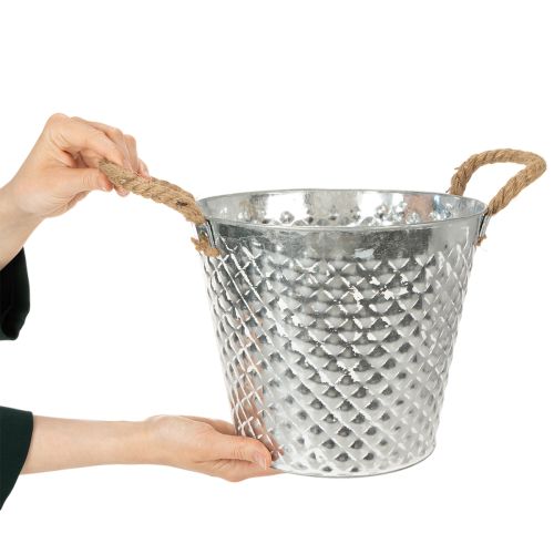 Olla de zinc, con forma de diamante, con asas de cuerda, blanqueada, Ø24,5 cm H21 cm | Floristik24.es