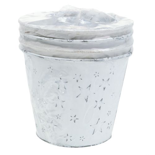 Floristik24 Olla de zinc con estrellas Ø14cm H12cm blanco lavado 4pcs