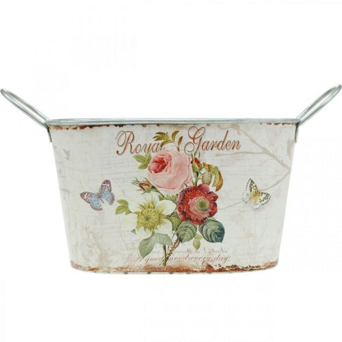 Floristik24 Florero vintage, maceta de metal con asas, jardinera con rosas L18cm H10.5cm