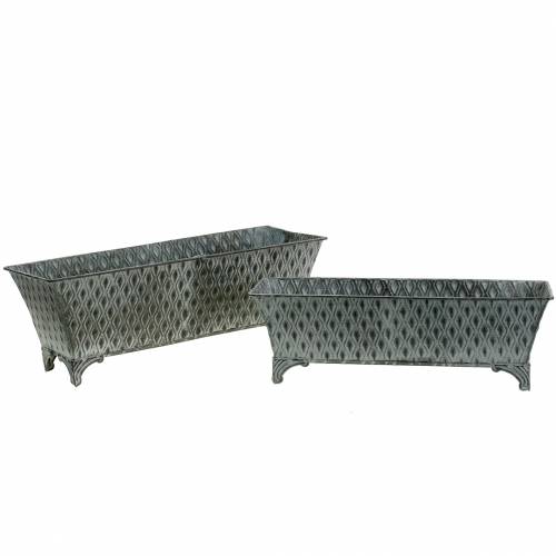 Recipiente de zinc con patrón de diamante cuadrado antiguo 35,5 cm x 14,5 cm / 32,5 cm x 11,5 cm 2 piezas