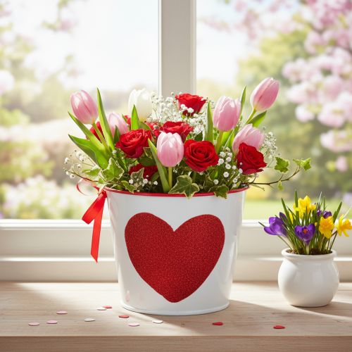 Maceta blanca con corazón rojo, jardinera, Ø13cm H10.5cm | Floristik24.es