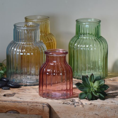 Artículo Jarrón de flores retro de cristal verde con ranuras Ø13,5cm H20cm