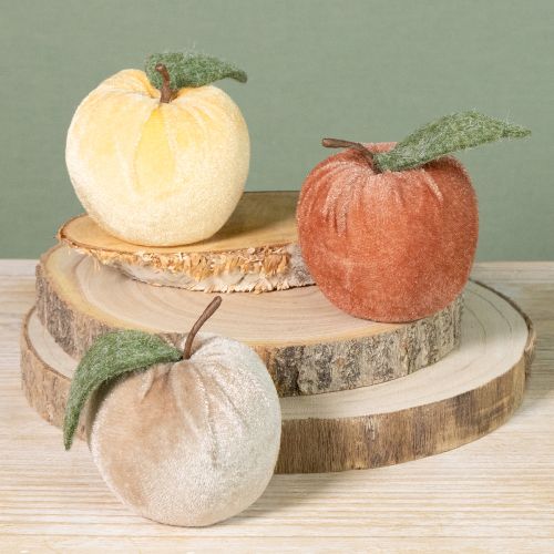 Artículo Manzana decorativa de terciopelo con hoja marrón y amarilla, Ø7,5 cm, alto 9 cm, 9 unidades