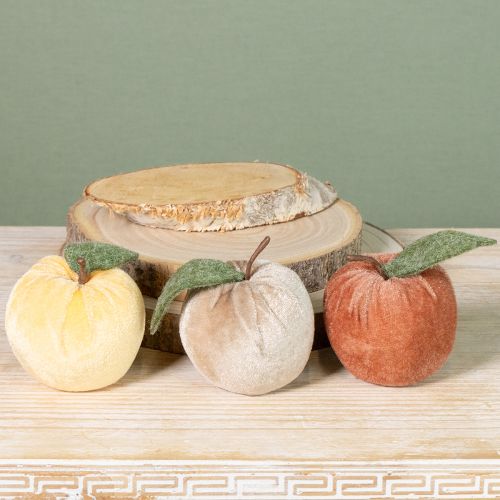Artículo Manzana decorativa de terciopelo con hoja marrón y amarilla, Ø7,5 cm, alto 9 cm, 9 unidades