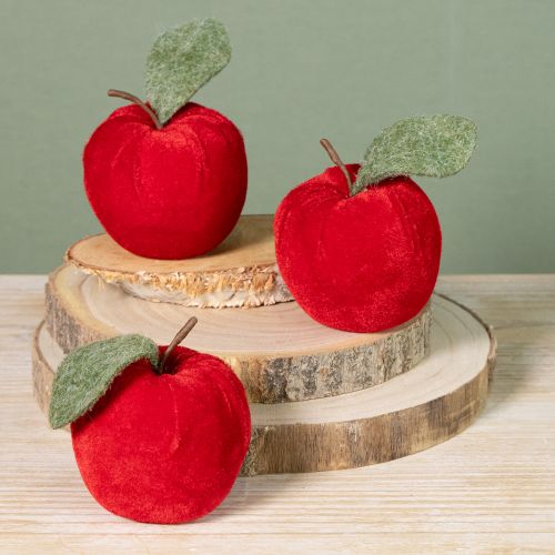 Artículo Tela decorativa de manzana con terciopelo de hoja y fieltro rojo Ø7,5cm H9cm 9 uds