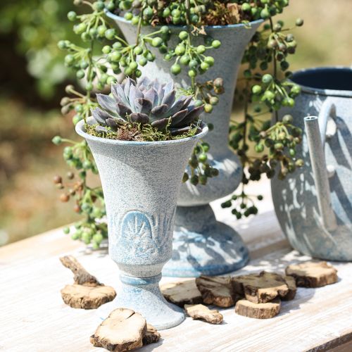 Floristik24 Cáliz Decorativo Metal Antiguo en Blanco Azul Ø11cm H17.5cm