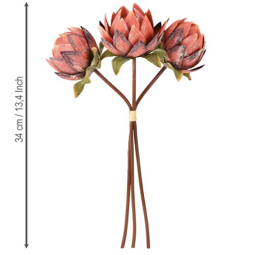 Artículo Flores artificiales decorativas Protea rojo-naranja 34cm 3 piezas