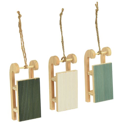 Artículo Trineo decorativo de madera para colgar verde menta blanco 9,5cm 6ud