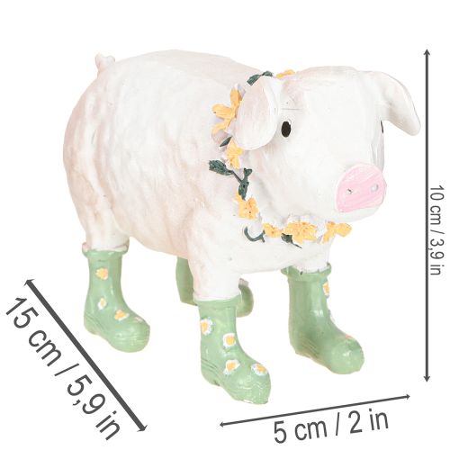Cerdo decorativo con botas de goma – Figura divertida de granja con corona de flores, 15,5 cm | Floristik24.es