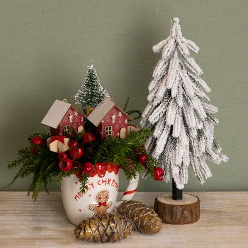 Artículo Árbol de Navidad decorativo cubierto de nieve sobre base de madera Ø15cm H30cm