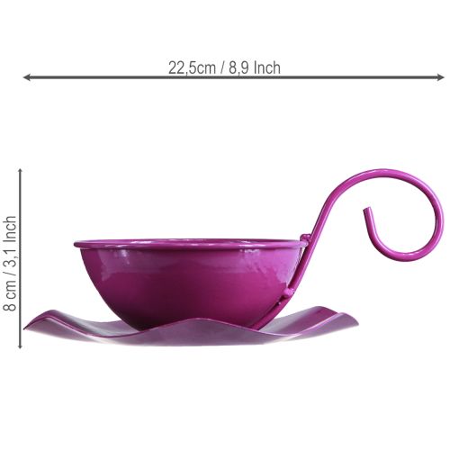 Artículo Taza de té decorativa de metal con platillo, color morado, Ø11,5 cm, H8 cm, 2 piezas