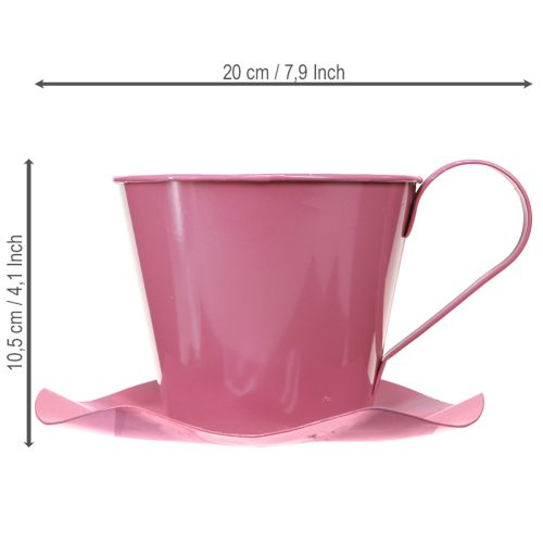 Artículo Taza de té decorativa de metal con plato, color rosa, Ø12 cm, H10 cm, 8 unidades.