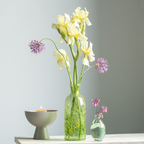 Floristik24 Jarrón decorativo de cristal con flores, diseño amarillo y verde, diámetro 10 cm, altura 25 cm.