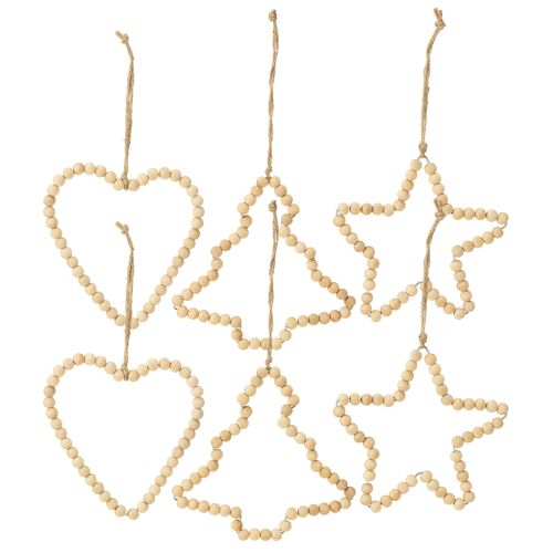 Artículo Adornos navideños: cuentas de madera, corazón, estrella, árbol, 13 cm de alto, 6 piezas