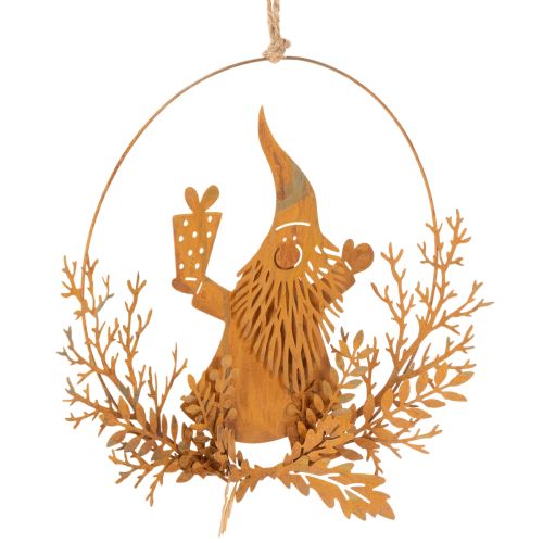 Anillo decorativo navideño, reno en un anillo, Papá Noel con regalo, decoración de metal, acabado oxidado, Ø18cm, juego de 2 | Floristik24.es