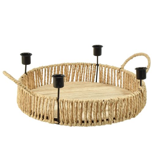 Bandeja decorativa madera natural metal portavelas negro Ø30cm