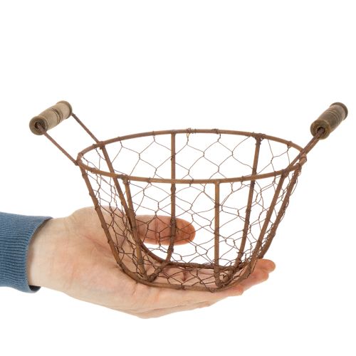 Cesta de alambre, cesta metálica con asa, madera, óxido, decorativa, Ø18cm | Floristik24.es