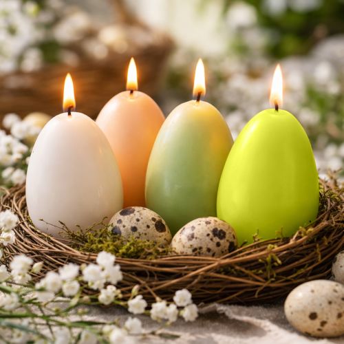 Artículo Velas de Pascua con forma de huevo, verdes, 9 cm, 20 cm de alto, 6 unidades.