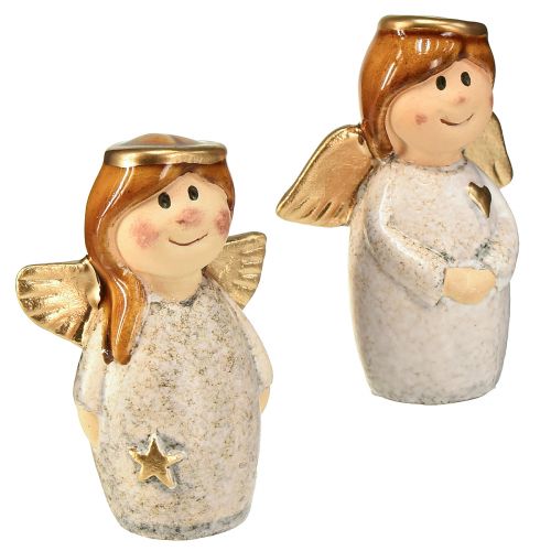 Artículo Encantador dúo de ángeles de cerámica en color blanco crema con detalles dorados - 8,6 cm - Figuras decorativas celestiales - 2 piezas