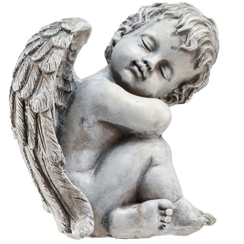 Artículo Ángel sentado figura decorativa decoración de tumba gris poliresina Al. 18 cm