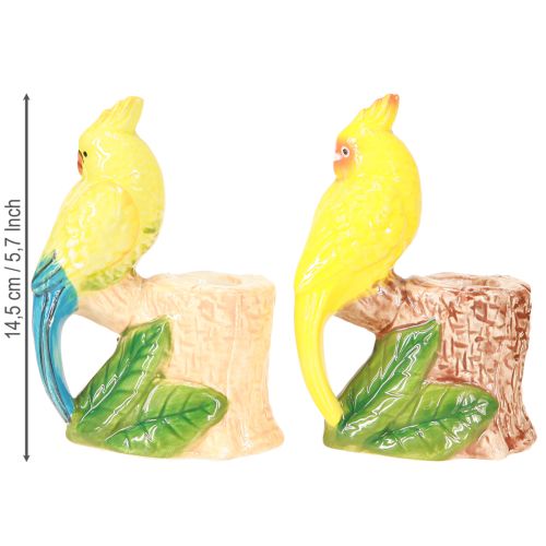 Artículo Candelabro exótico de cerámica con pájaros pintados a mano H14,5cm 2 uds