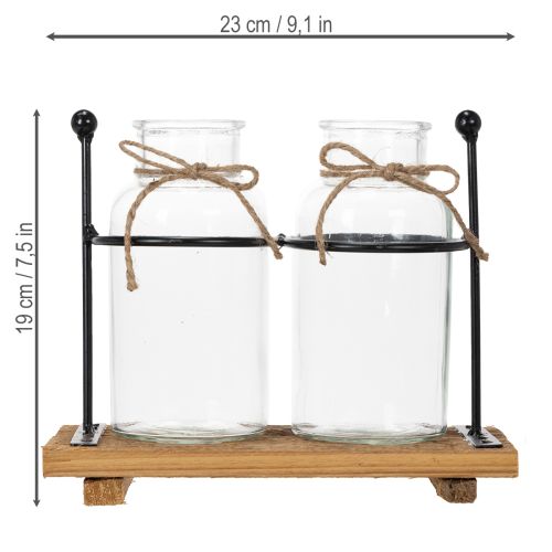 Jarrón decorativo de botella, vidrio y madera, 23x12x19,5 cm, 2 piezas | Floristik24.es