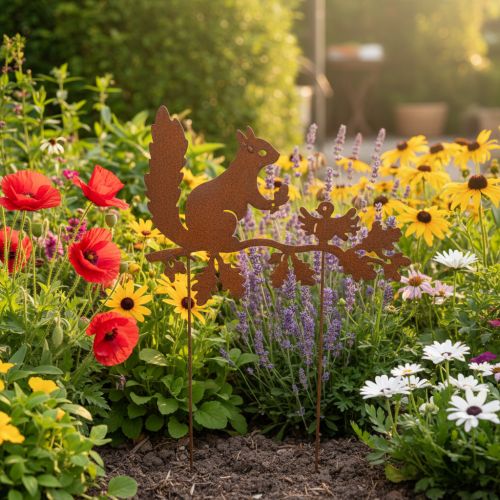 Ardilla de jardín en rama, metal envejecido, 42 cm de alto, 3 piezas | Floristik24.es