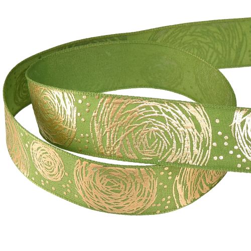 Artículo Cinta de regalo con rosas doradas Cinta de joyería verde 25mm 15m