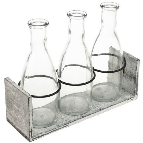 Artículo Juego de botellas rústicas en soporte de madera - 3 botellas de vidrio, blanco grisáceo, 24x8x20 cm - Versátil para decoración