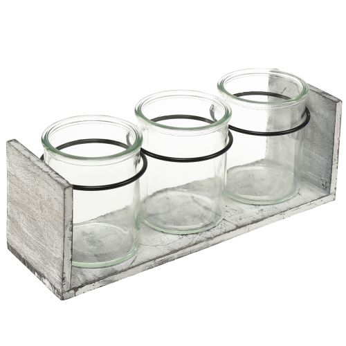 Artículo Recipiente de vidrio rústico con soporte de madera gris y blanco - 27,5x9x11 cm - Solución versátil de almacenamiento y decoración