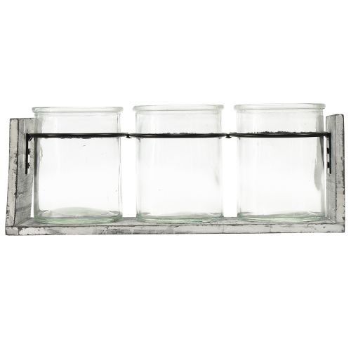 Artículo Recipiente de vidrio rústico con soporte de madera gris y blanco - 27,5x9x11 cm - Solución versátil de almacenamiento y decoración