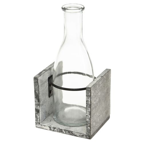 Jarrón de cristal con soporte de madera gris, 9,5x8x20cm - Decoración rústica con 4 botellas