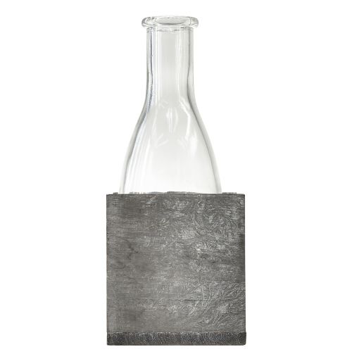 Artículo Jarrón de cristal con soporte de madera gris, 9,5x8x20cm - Decoración rústica con 4 botellas