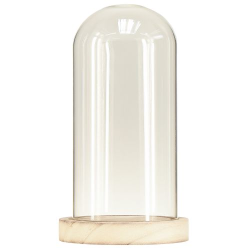 Artículo Campana de cristal con base de madera natural transparente Ø12cm H21cm