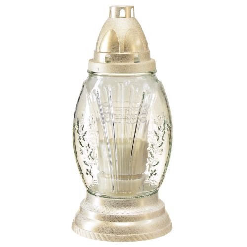 Floristik24 Lámpara para tumba, jarrón de cristal, farol retro para tumba, oro blanco claro, Ø11cm, H26,5cm