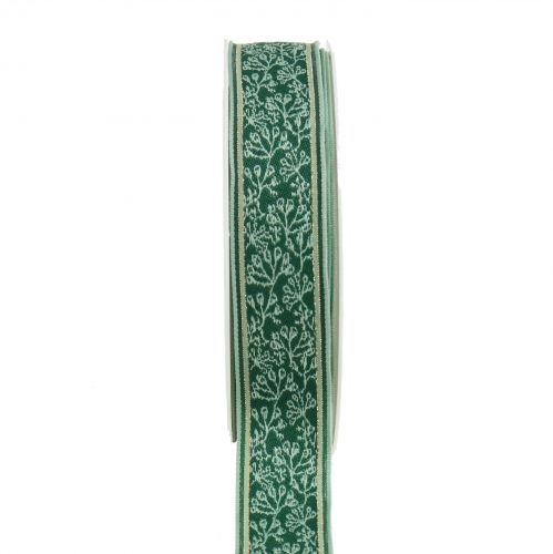 Floristik24 Cinta de regalo jacquard de arbusto de bayas con borde de alambre verde oscuro, menta 25mm L15m