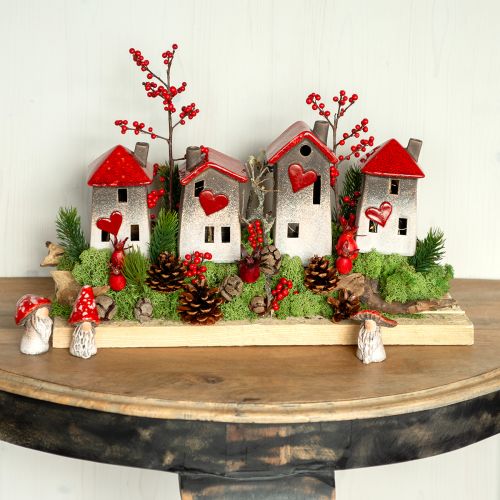 Floristik24 Románticas casas de cerámica con motivo de corazón - tonos rojos y naturales, 11 cm - decoración de invierno diseñada con mucho cariño - 3 piezas
