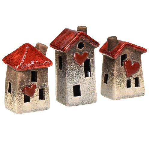 Floristik24 Románticas casas de cerámica con motivo de corazón - tonos rojos y naturales, 11 cm - decoración de invierno diseñada con mucho cariño - 3 piezas