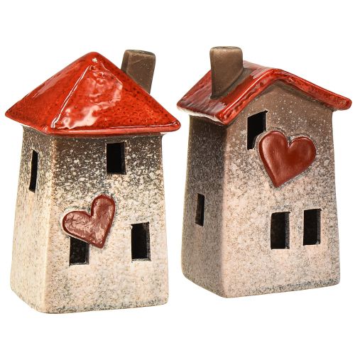 Floristik24 Casas de cerámica amorosas - diseño de corazón, rojo y natural, 17,5 cm - decoración romántica para el hogar, 2 piezas