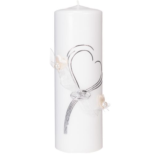 Vela festiva para bodas con un elegante diseño de corazón, adornos plateados y cinta de organza; ideal para bodas y aniversarios de plata, 230/80 mm.