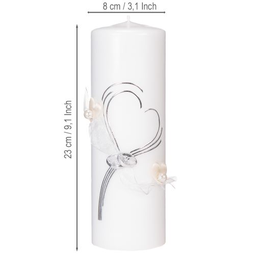 Artículo Vela festiva para bodas con un elegante diseño de corazón, adornos plateados y cinta de organza; ideal para bodas y aniversarios de plata, 230/80 mm.