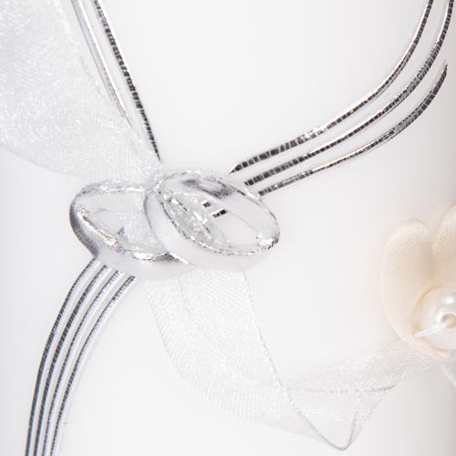 Artículo Vela festiva para bodas con un elegante diseño de corazón, adornos plateados y cinta de organza; ideal para bodas y aniversarios de plata, 230/80 mm.